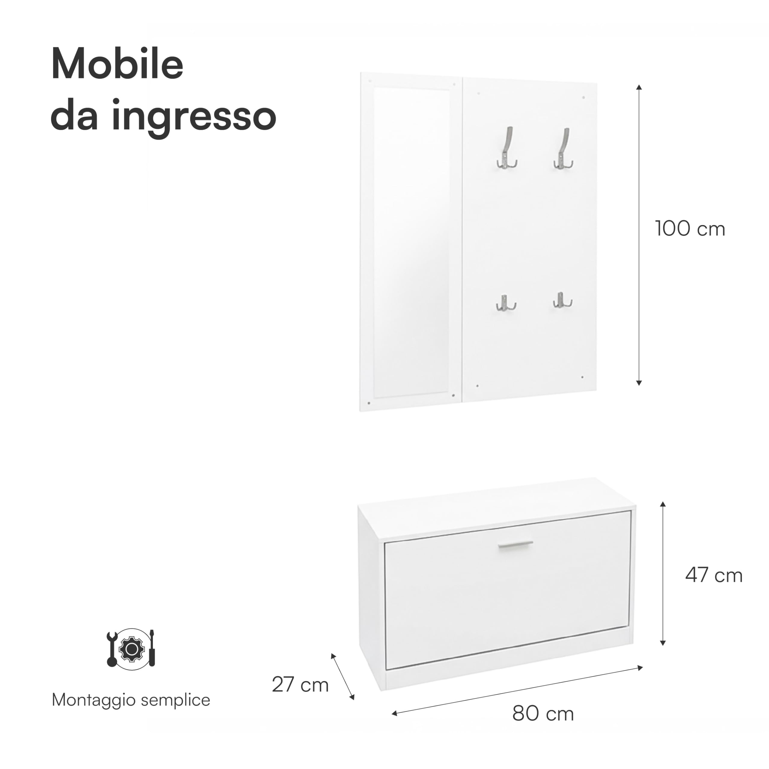 Baroni Home Mobile Bianco Ingresso 3 Pezzi con Scarpiera, Appendiabiti a Muro 4 Ganci e Specchio, Panca Porta Scarpe, Set Modulare Salvaspazio, 27x80x147cm