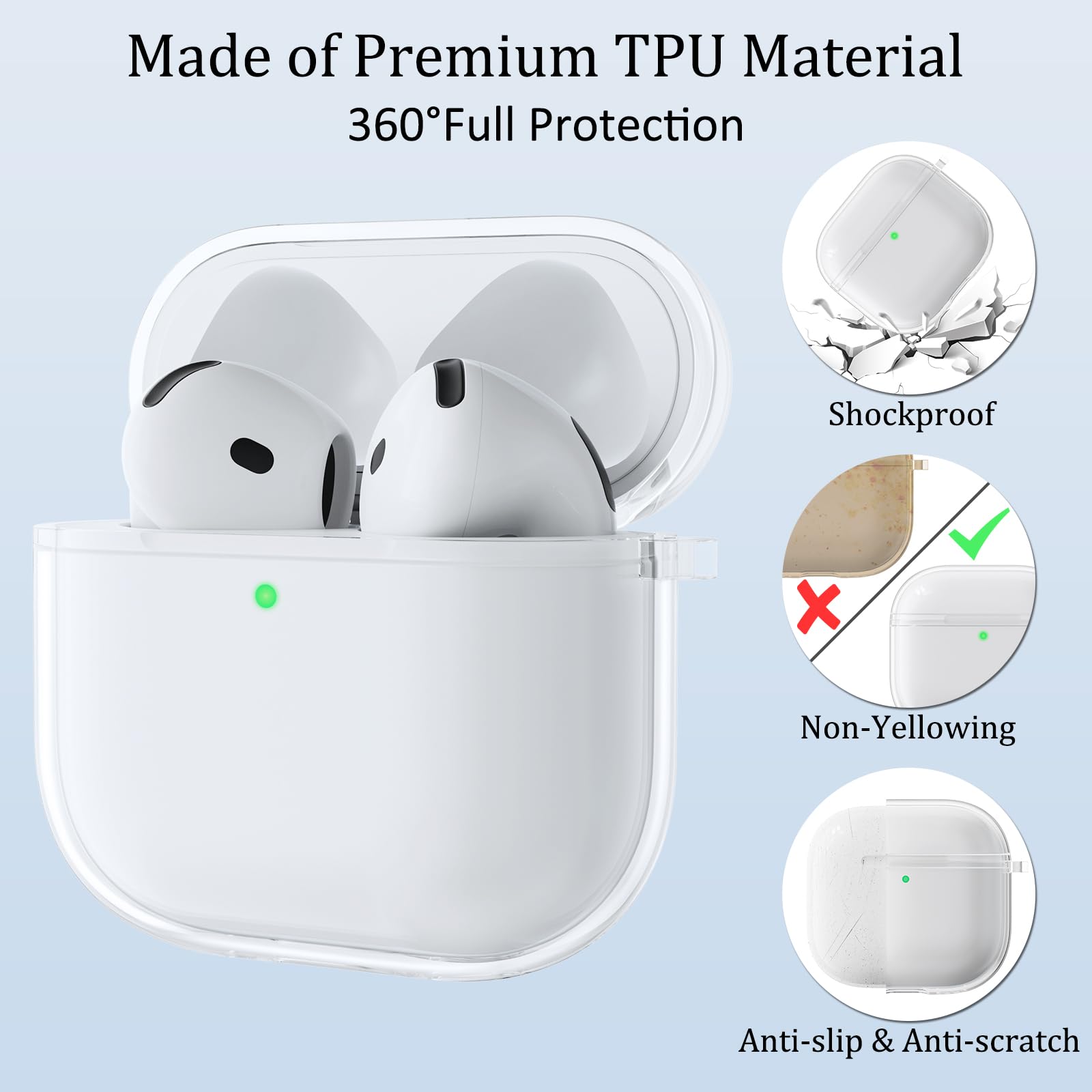 Coque Silicone AirPods 4 2024 Anti-Choc Transparent avec LED Visible, Kit Nettoyage, Porte-clés et Cordon
