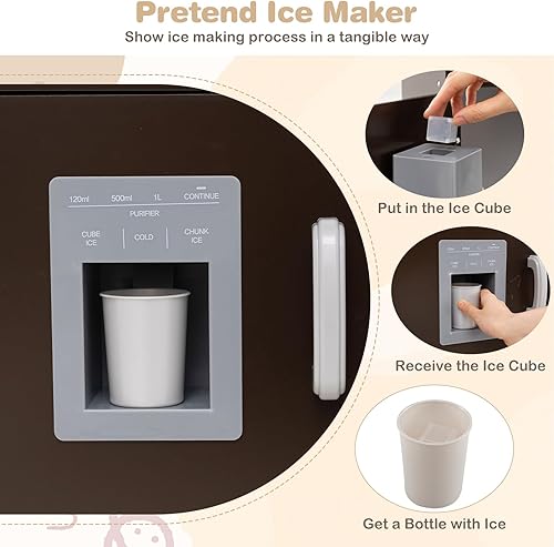 Miniatura 5 de HONEY JOY Cocina esquinera, juego de cocina grande de madera con luces, máquina de hielo y café, campana extractora, pizarra, microondas, utensilios