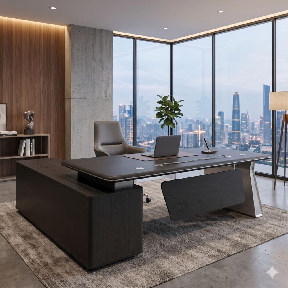 Jet-Line Chef Porto - Scrivania angolare da ufficio, 220 x 180 x 75 cm, con credenza e gestione dei cavi, colore: nero