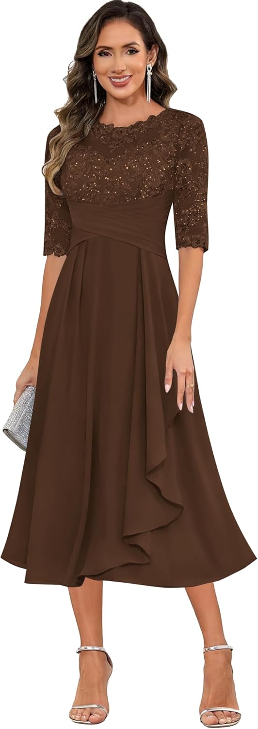 Tea Length Lace Mother of The Bride Dresses Half Sleeve Ruffle Empire Waist Chiffon Formal Evening Dress