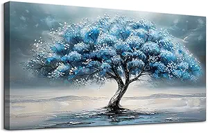 FUHAIHUA Farmhouse Wall Decor For Living Room Large Canvas Wall Art For Bedroom Office Decorations Blue Tree Paintings Abstract Wall Pictures Artworks Ready To Hang Home Decor Mural Art 24"X48"