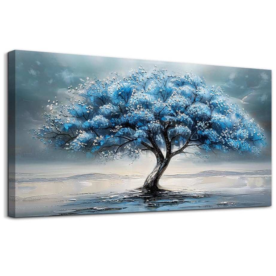 FUHAIHUA Farmhouse Wall Decor For Living Room Large Canvas Wall Art For Bedroom Office Decorations Blue Tree Paintings Abstract Wall Pictures Artworks Ready To Hang Home Decor Mural Art 24"X48"