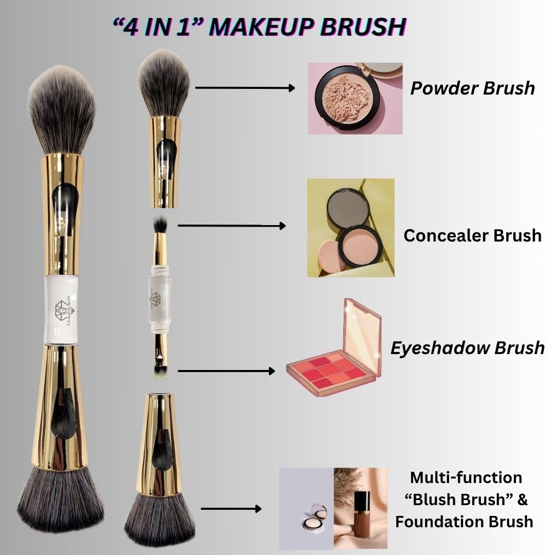 Juego de brochas de maquillaje 4 en 1 portátil y fácil de viajar, para gestionar brochas de maquillaje, brochas de maquillaje en polvo, cepillo de rubor y lujoso diseño dorado