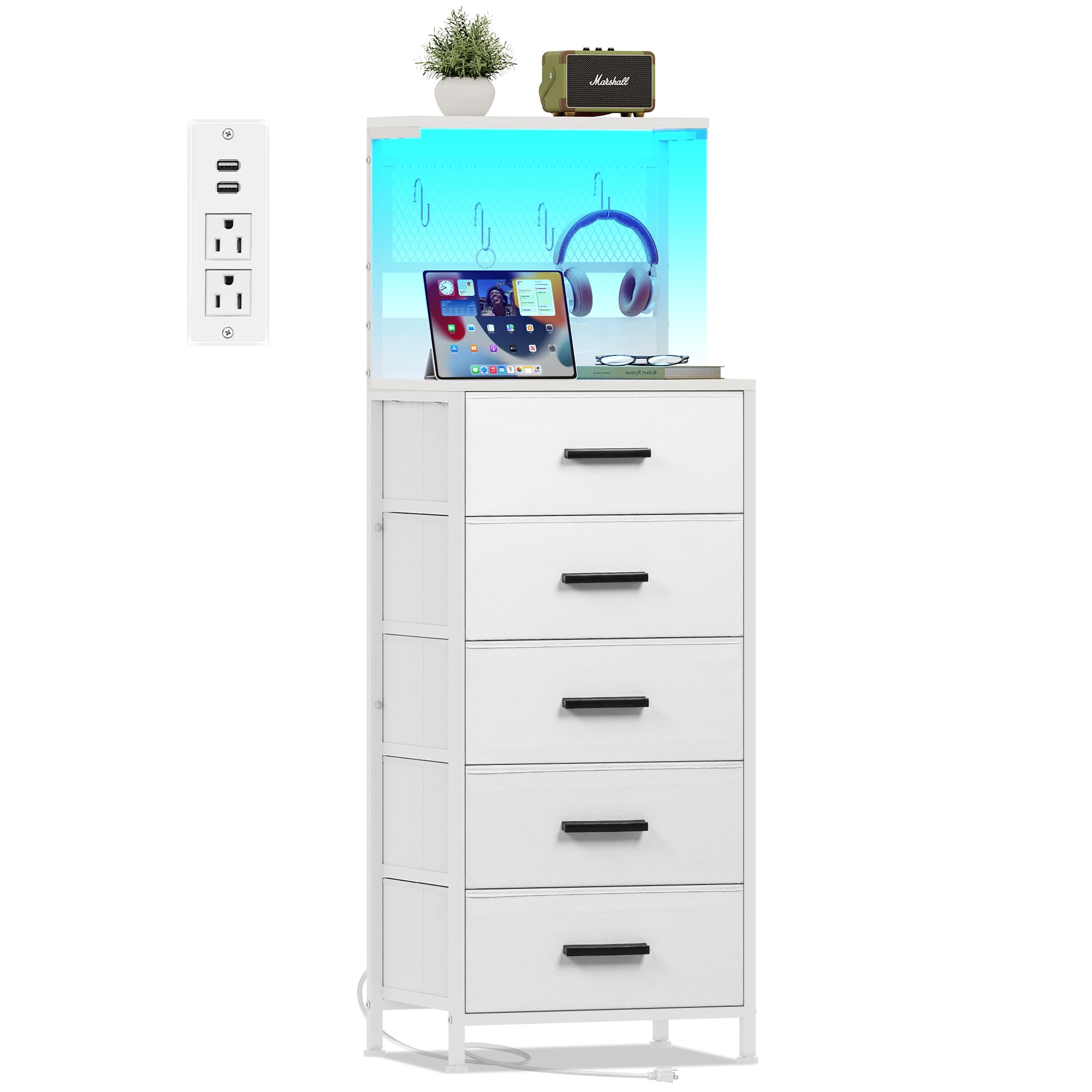 EKNKOZY Nightstand 5 Drawer Dresser with LED Lights, Charging Station, Metal Mesh Shelf with Hooks, Vertical Side Table with Fabric Drawers, End Table