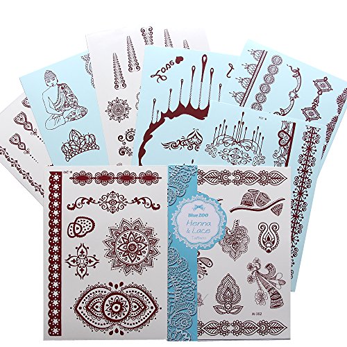 Bluezoo (Pack of 8 sheets) Flash Henna Temporary Tattoos Sticker -Brown Color,Mixed More than 50 Different Patterns,Buddha,Necklace,Bracelet for Girls