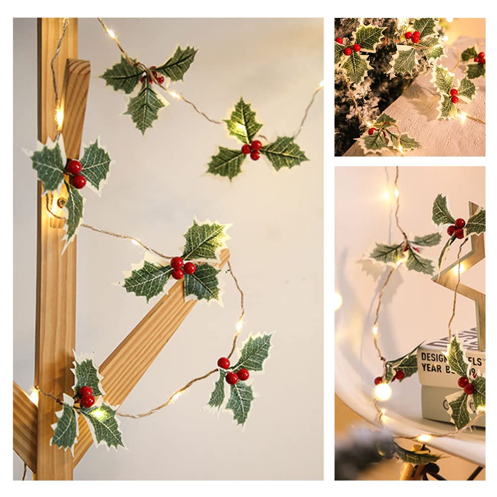 Guirnalda de Navidad con luces, 20 luces LED de 6.56 pies, funciona con pilas, guirnalda de hojas de bayas rojas, guirnalda de árbol de Navidad, decoración de interiores, luces cálidas para