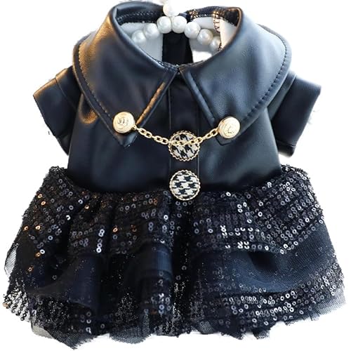 AZA Dog Princess Sequin Leather Dresses for Small Dogs Clothes Black Costume Pet Girl Skirt Cat Cute Thick Coat Outfits Winter Costumes Fall (L,Black)