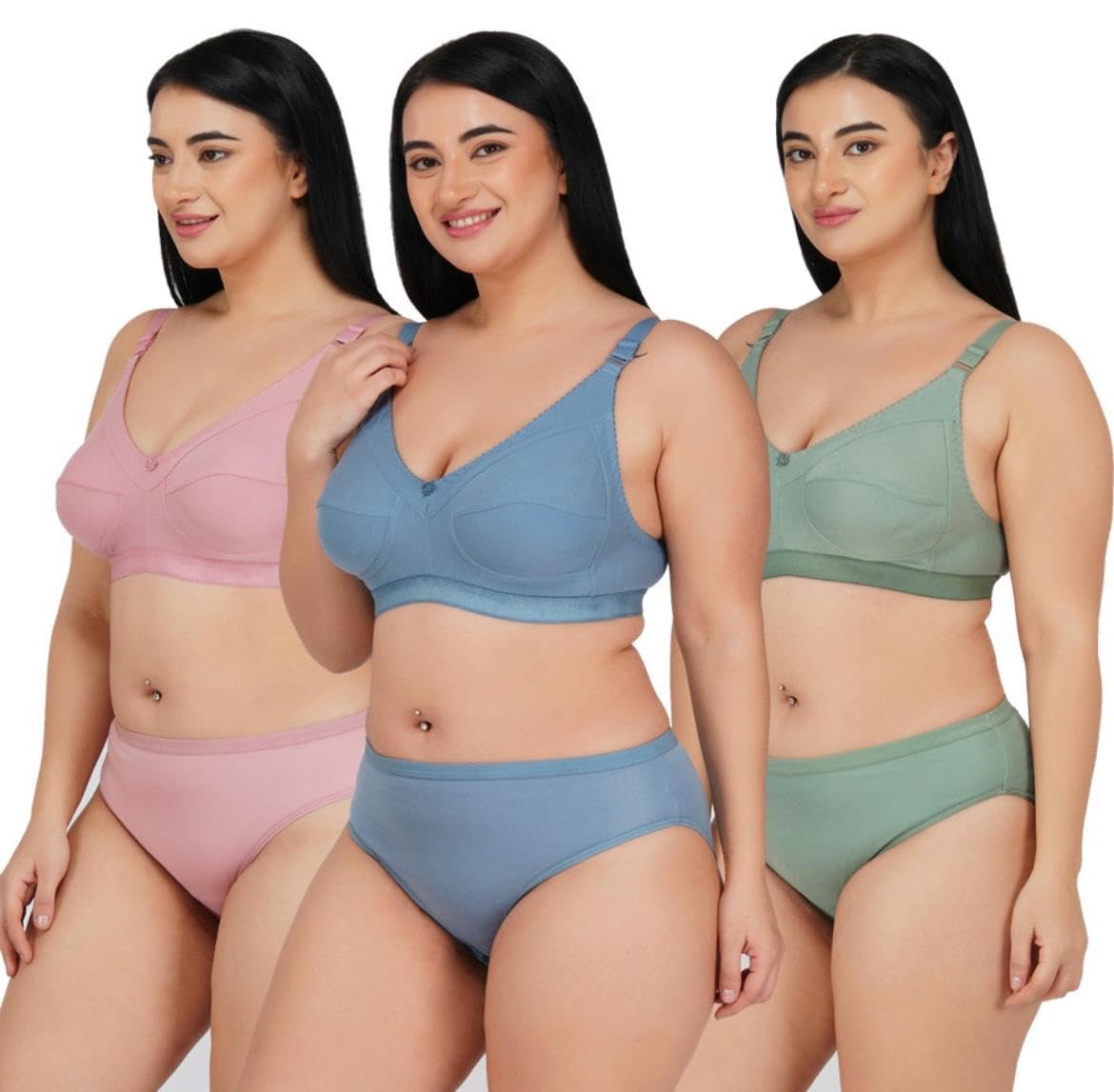 Women Combo Lingerie Set Pack of 3 | Solid Pattern Innerwear Set | Soft Cotton Blend Fabric | Comfortable, Breathable & Everyday Wear Lingerie (Multicolor)-image-44