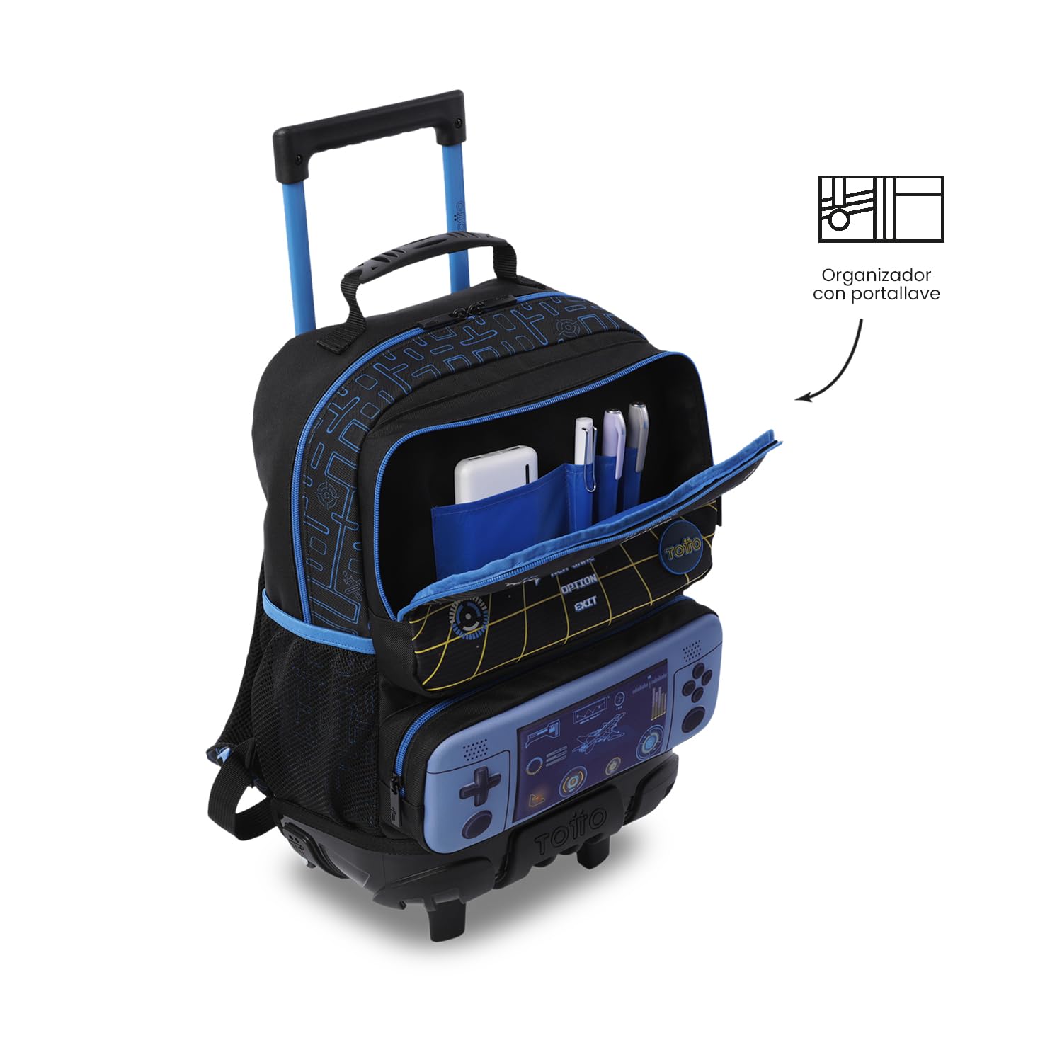 TOTTO - Mochila Escolar con Ruedas, Modelo Vortex M, Mochila Mediana, Capacidad 23 L, Bolsillos Botella, 2 Compartimentos Frontales, Protección en la Base, Correas Ajustables, Estampado Negro