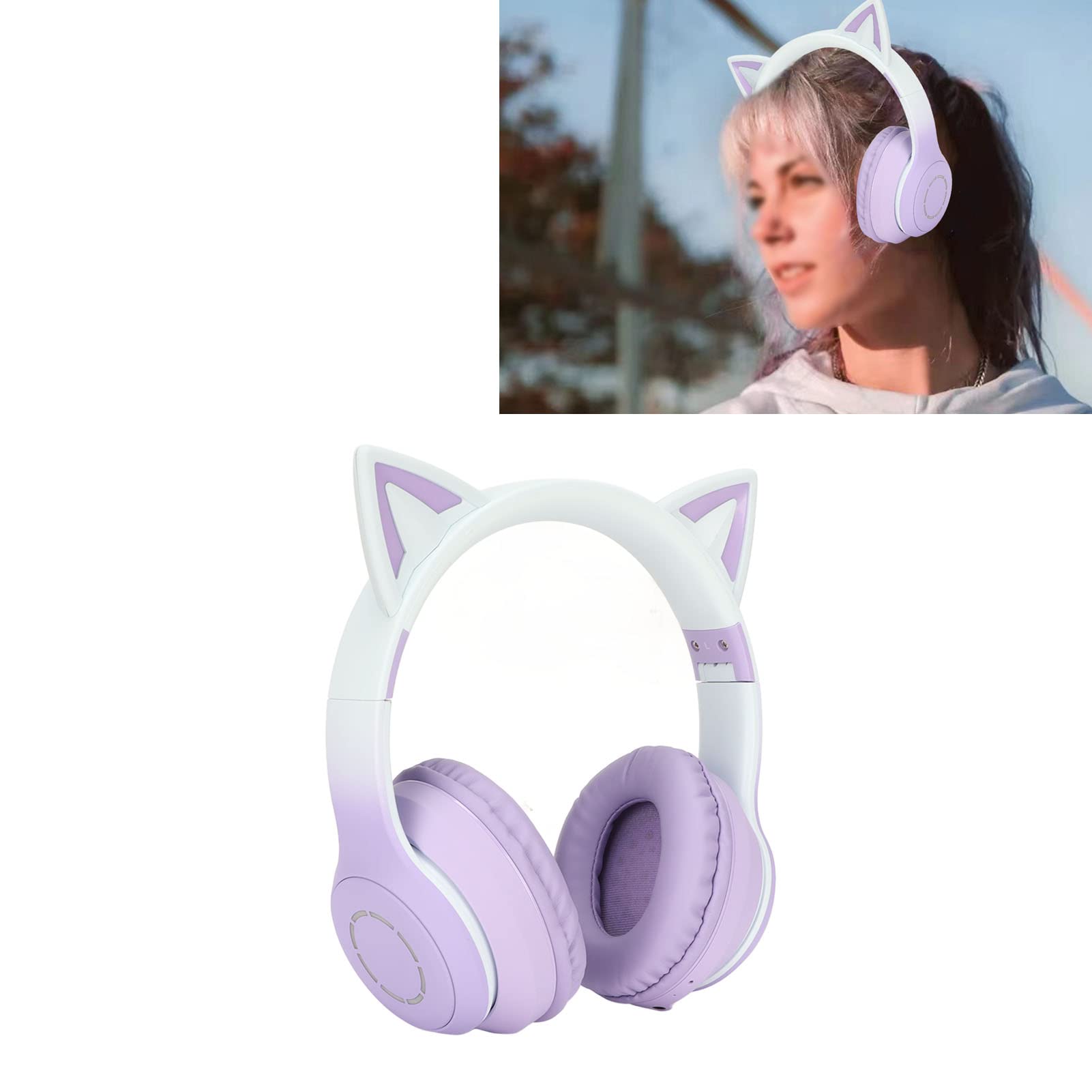 Dioche Casque Pliable Oreille de Chat Violet Casque Bluetooth Abs Oreille de Chat Bluetooth Casque de Jeu Casque de Musique Pliable sans Fil avec Lumière LED Microphone Détachable Câble (Violet)