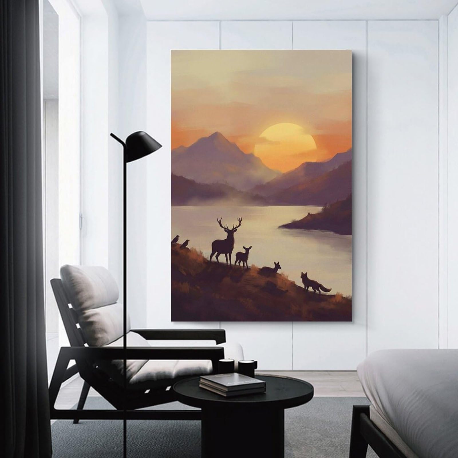 Junmoney Sunset Wildlife Landscape Painting Hanging Wall Art 12x18inch(30x45cm), for Study, Office Or Focused Interiors, Wall Art That Adds Style to Work Areas