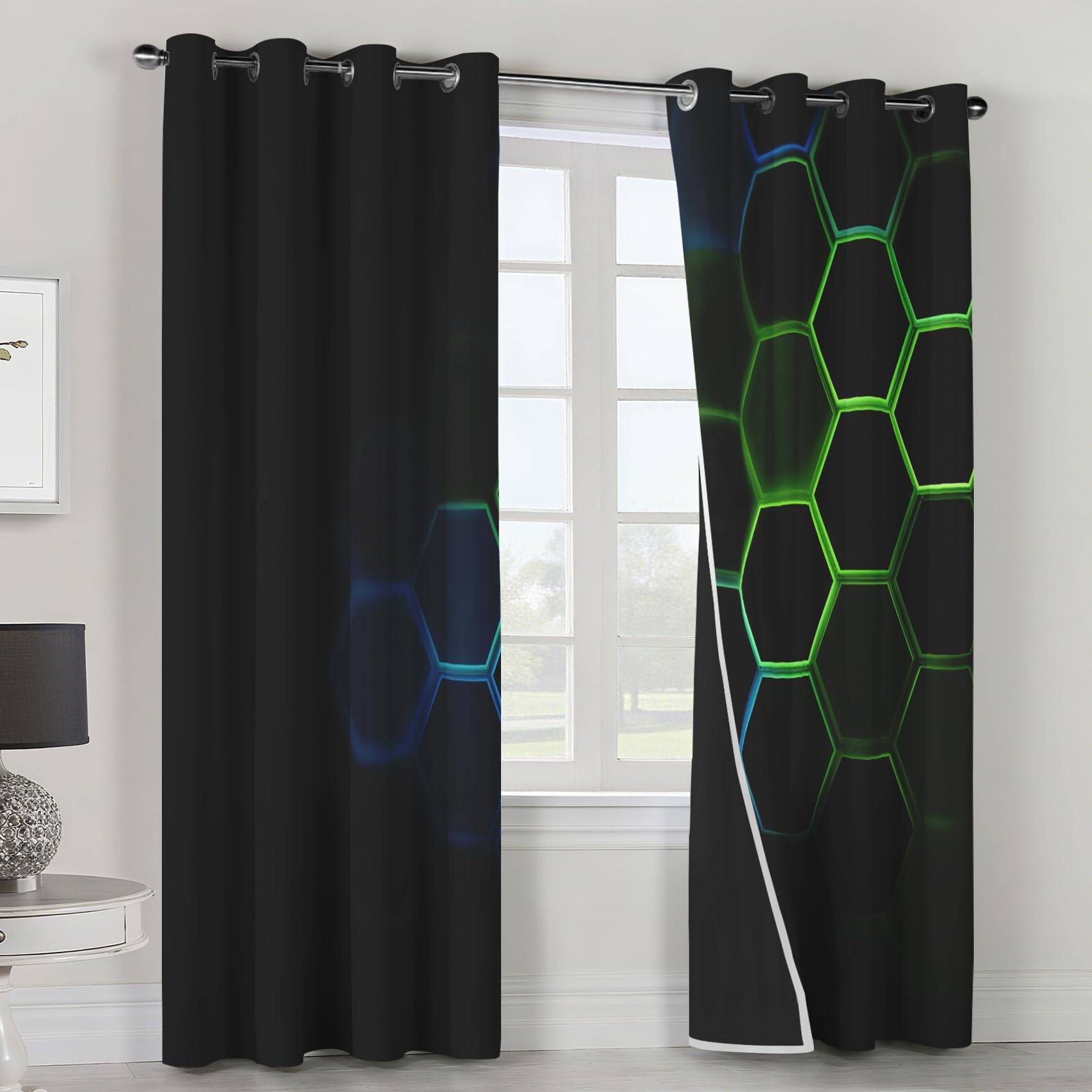 Wabenförmiger Verdunkelungsvorhang 140 x 175 cm (B x H) Geometrische Sechseckvorhänge für Jungen- und Teenagerzimmer, Wohnzimmer, Grün Blau Schwarz Modern Chic Kreative Gardinen, 2er Set