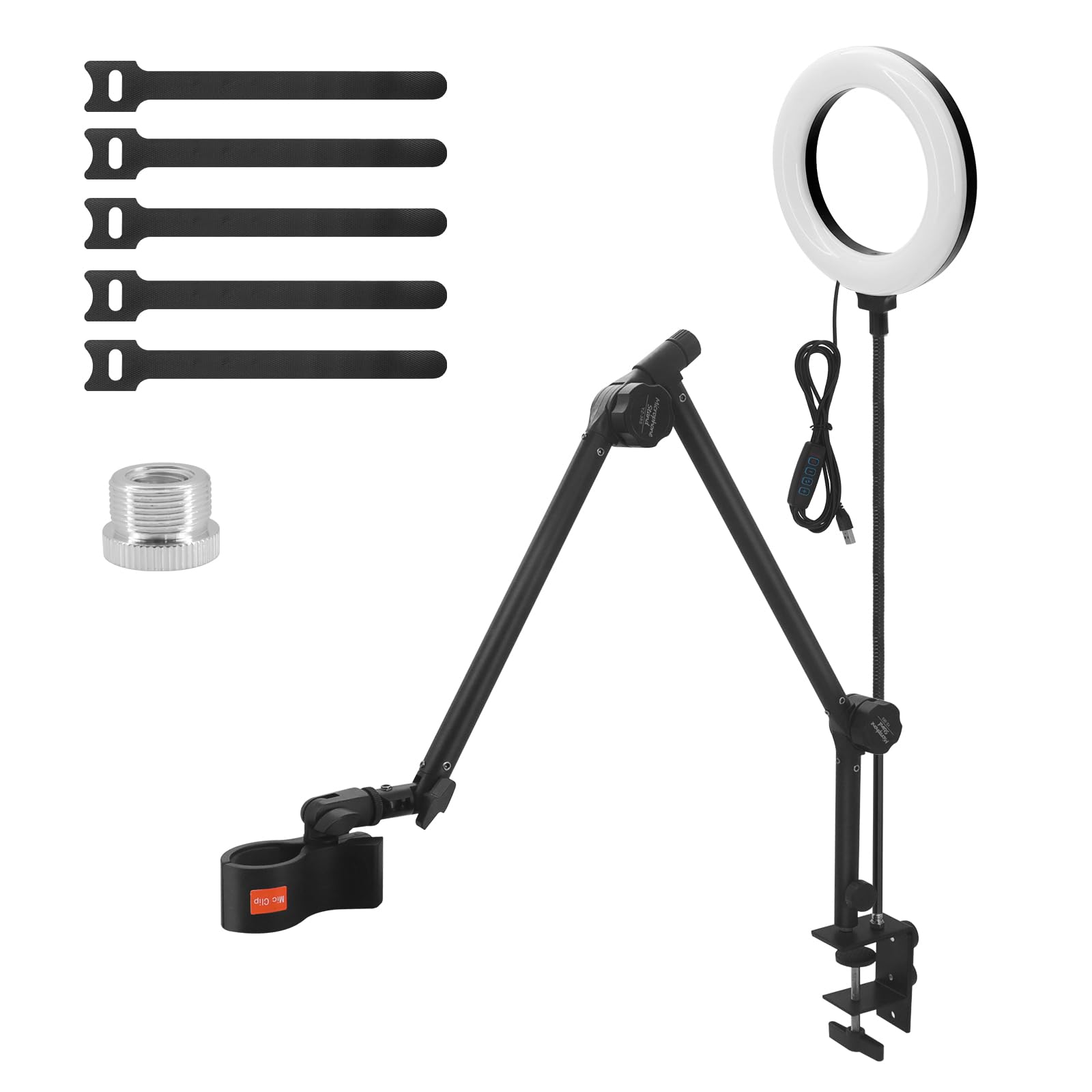 Beowanzk Professional Microphone Stand with 16cm Ring Light and 360° Rotatable Arm, Black