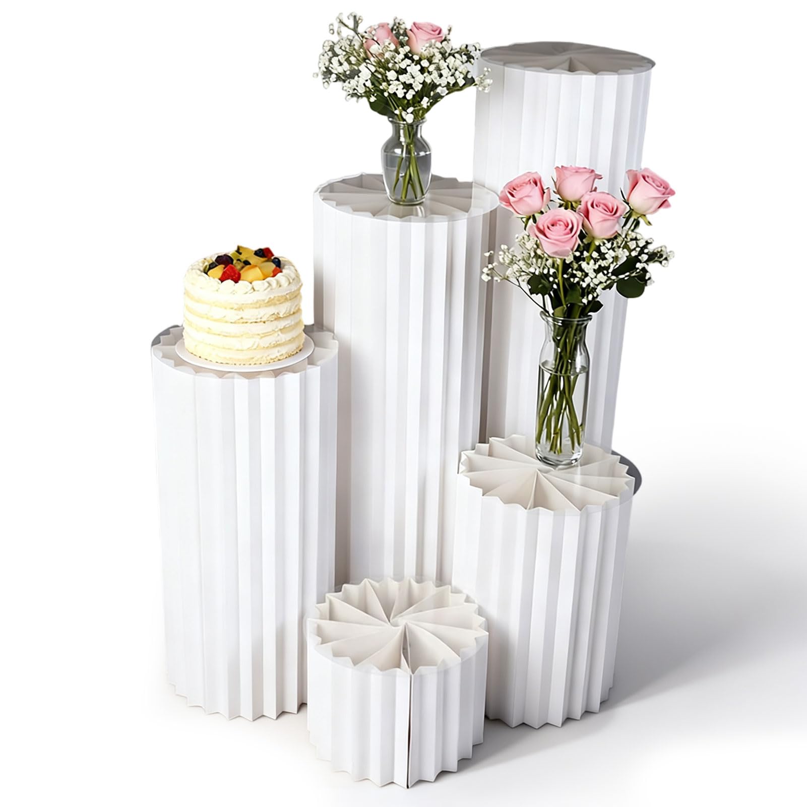 5 vasi Colonne espositive Pieghevoli cilindrici in PVC Bianco per Decorazioni di tavoli per Matrimoni, fidanzamenti e Compleanni, Supporti per Cartone Feste, piedistalli espositori