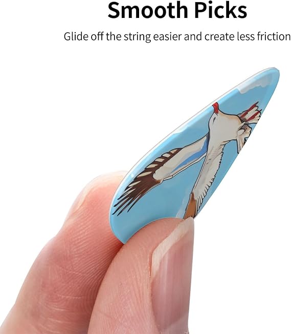 Flying Seagulls Guitar Picks 12 Pack With Organizer Box, includes Thin, Medium, Heavy Picks, Abstract Art Celluloid Plectrums for Bass Electric Acoustic Guitars Ukulele