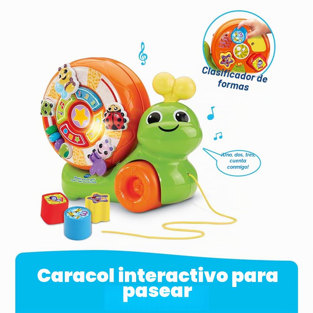 VTech Rouli-Caracol Maxi descubrimientos, Juguete para Disparar 2 en 1, clasificador de Formas, Juegos de Despertar, Caracol para Caminar, Juguete Musical e Interactivo, Regalo para niños a Partir de