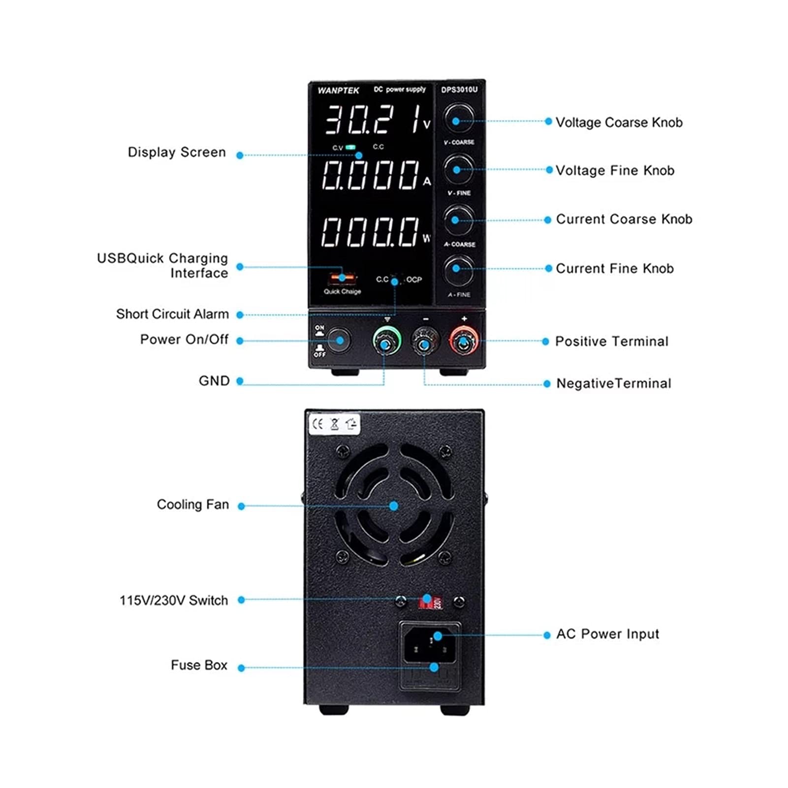 Alimentation Laboratoire,Alimentation Stabilisée USB Réglable DC Laboratoire 30V 10A Alimentation d'alimentation de laboratoire réglable 60V 5A Régulateur tension Stabilisateur(DPS3010U)