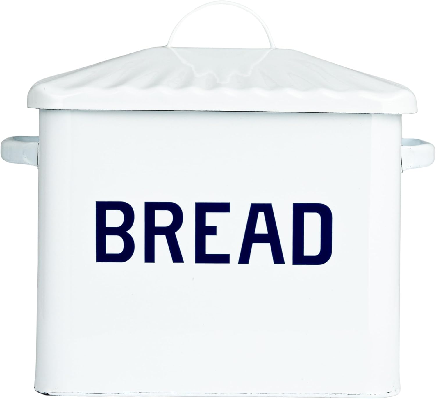 Creative Co-Op Chic Farmhouse Enameled Bread Box with Lid, "Bread" Message, White and Navy