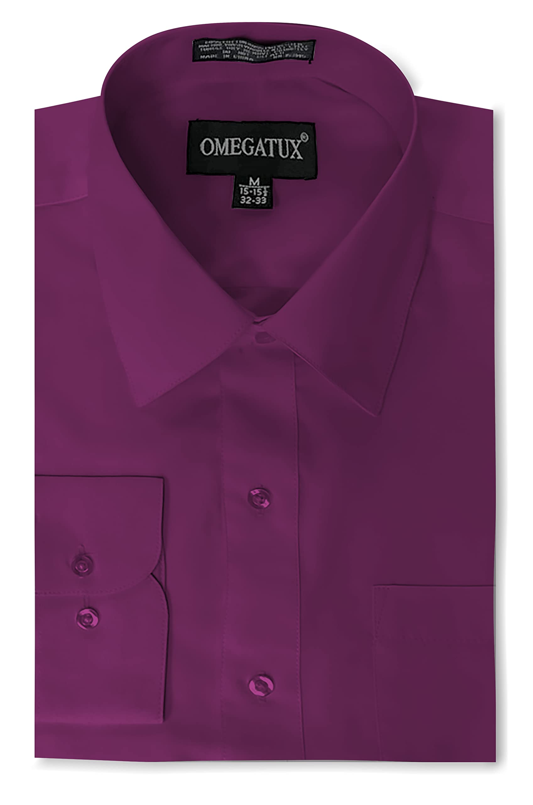 Omegatux Men's Wine(Magenta) Regular Fit Solid Dress Shirts W/ Convertible Cuffs - Red - X-Large(17-17.5") 32-33" Sleeve