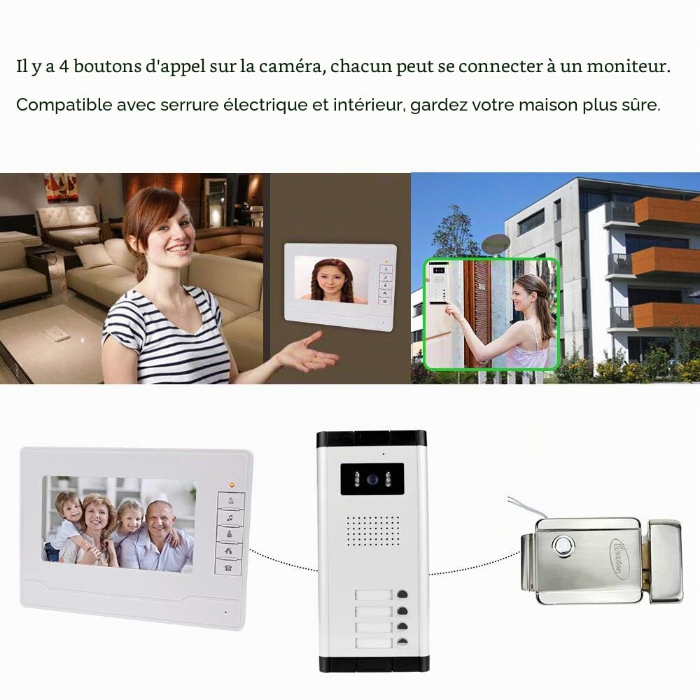 uoweky Interphone Vidéo Filaire 7 TFT-LCD avec Interphone Vidéo 4 Moniteurs Intérieurs + Caméra de Vision Nocturne IR 700TVL Haute Résolution pour Plusieurs Appartements/Familles