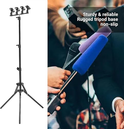 Miniatura 3 de Gugxiom Soporte de piso para 4 micrófonos, soporte de micrófono ajustable de aluminio, con trípode plegable, para transmisión, podcasting, grabación