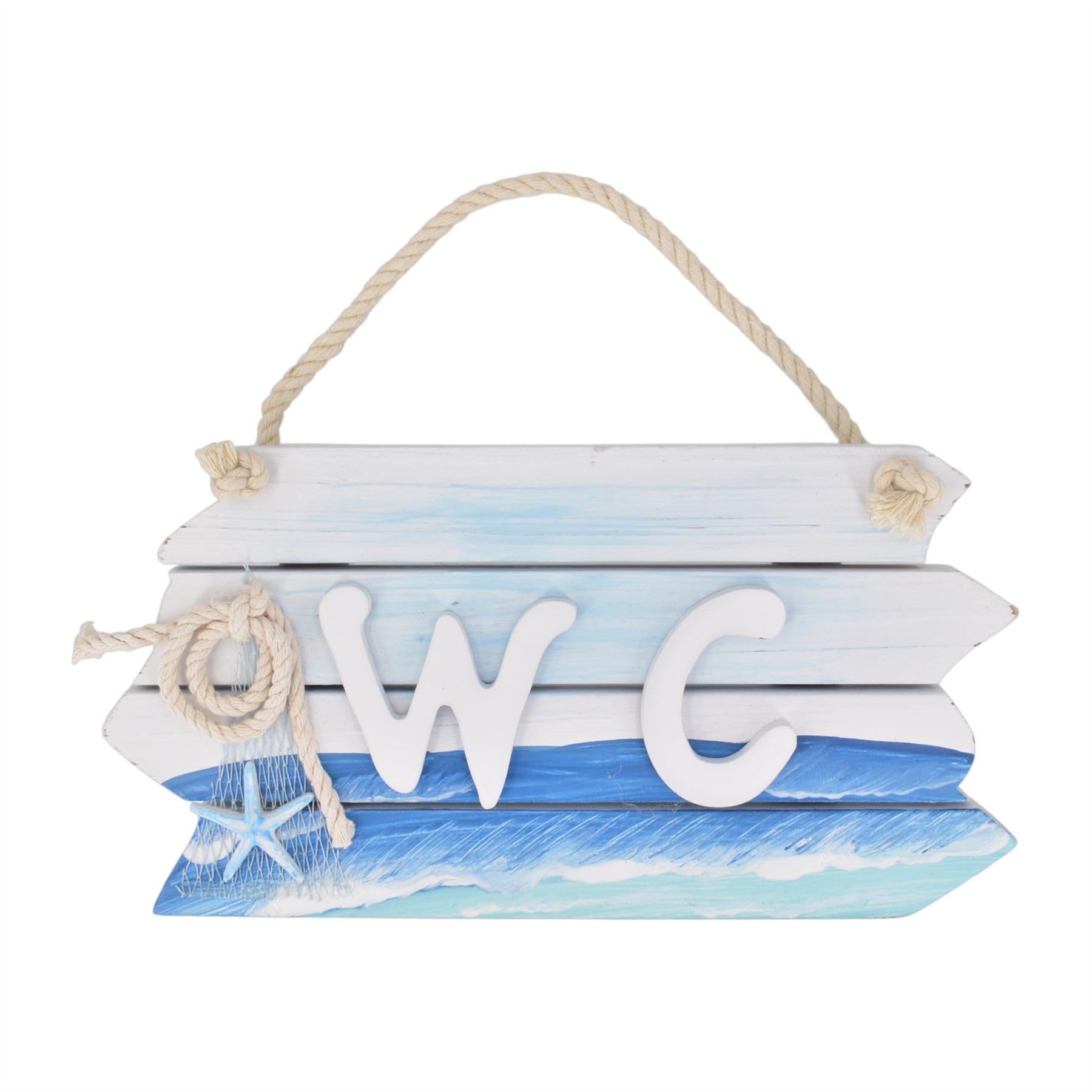 Carousel Home Blue Nautical Toilet Door Sign, 25Cm Wooden Wc Bathroom Plaque, Hanging Rustic Beach Sign With Starfish Rope Coastal Decor
