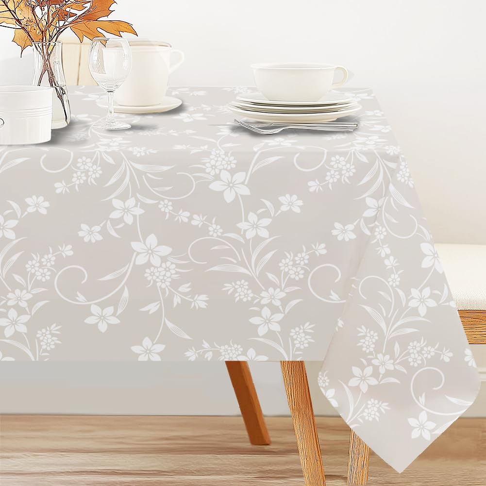 INFUNLY Beige Flowers Tablecloth 60x90 Inch Rectangle Printed Tablecover Polyester Vine Flowers Table Cloth Waterproof Washable Light Floral Table Cover for Home Kitchen Party Picnic BBQ, Beige