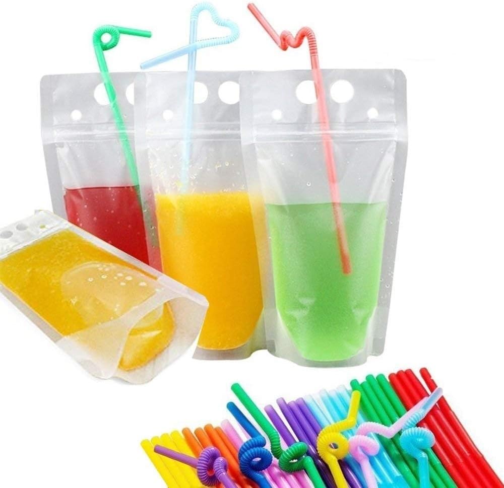 BESOKUSE Drink Pouches for Adults,Drink Pouches with Straws,Stand-Up Juice Pouches Clear Reusable Smoothie Pouch Bag(50PCS)