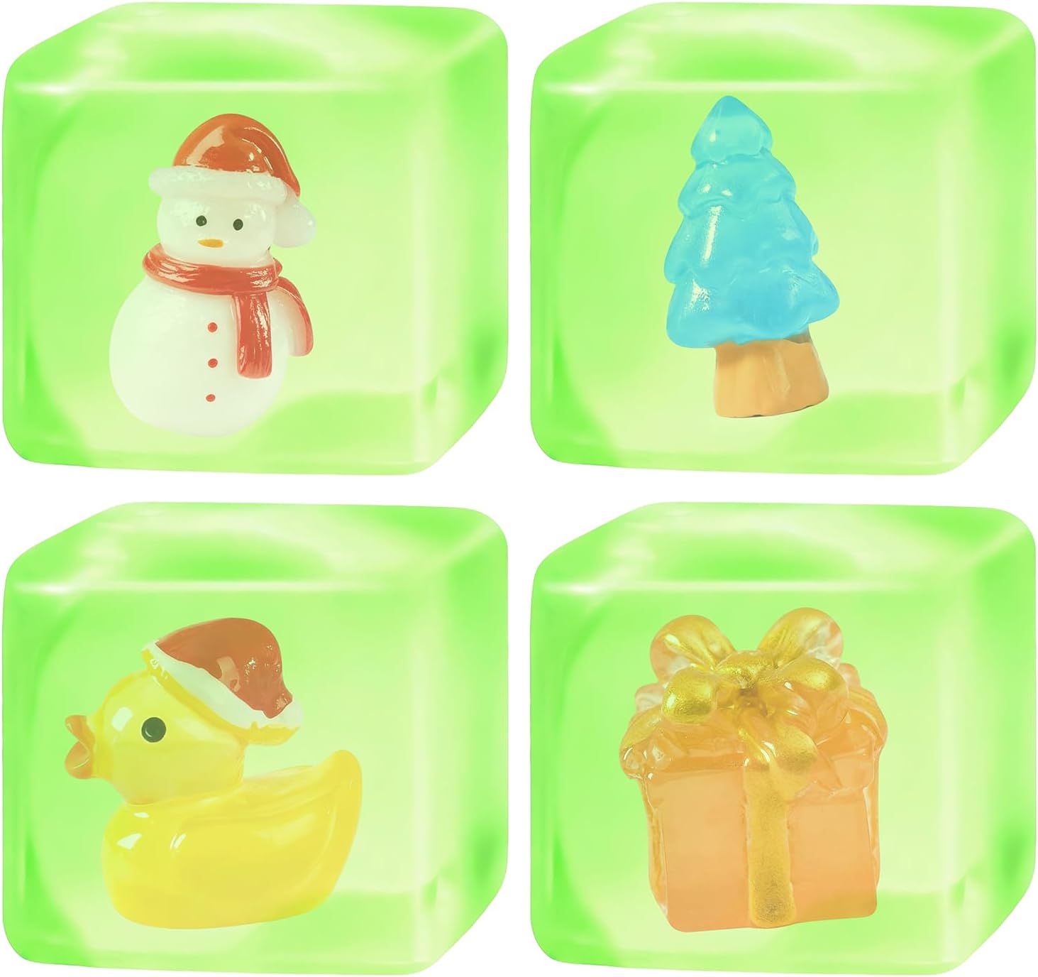 4 Pack Squishy Stress Cube Fidget Toys for Adults, Glow in The Dark Sensory Toys with Autism Stress Balls Squeeze Toys, Squishy Cube with Santa Claus, Christmas Tree, Gift Box, Duck (Green)