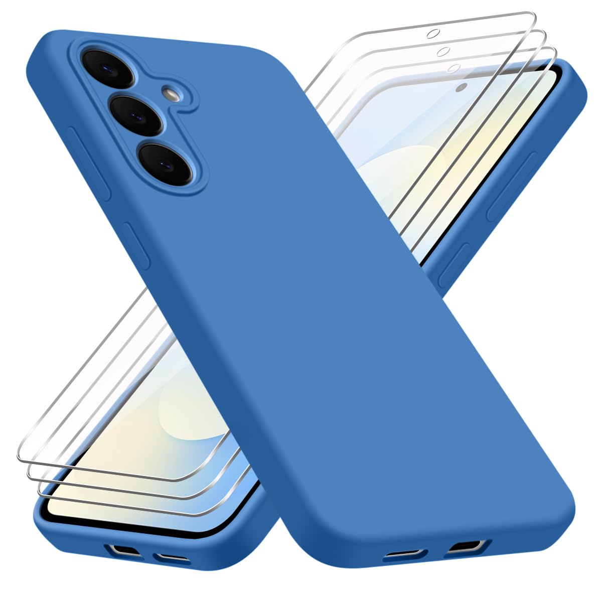 Cover per Samsung Galaxy S25 FE 5G（Non per Samsung S25 5G） con 3 Vetro Temperato Pellicola Protettiva, Blu Morbido Silicone e schienale rigido in PC Protettiva Custodia per Samsung Galaxy S25 FE 5G