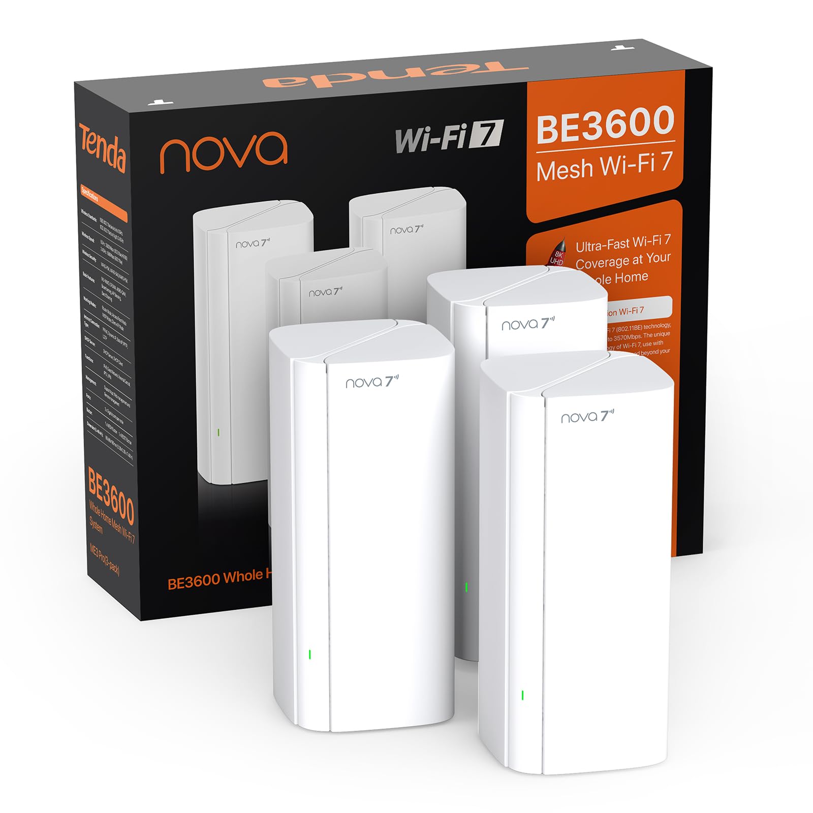 Tenda Nova ME3 Pro (Pack de 3) – Sistema WiFi 7 Mesh BE3600 (3.6Gbps | 5GHz: 2882Mbps, 2.4GHz: 688Mbps), Doble Banda, para Hogares de 4-7 Habitaciones, NFC, MLO, MRU, WPA3, Blanco