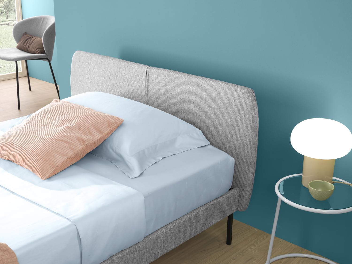 EVERGREENWEB Letto Piazza e mezzo in doghe in legno e testata quadrata stondata| facile da montare, Letto di Design | Colore Grigio Chiaro |Mod. Tokio