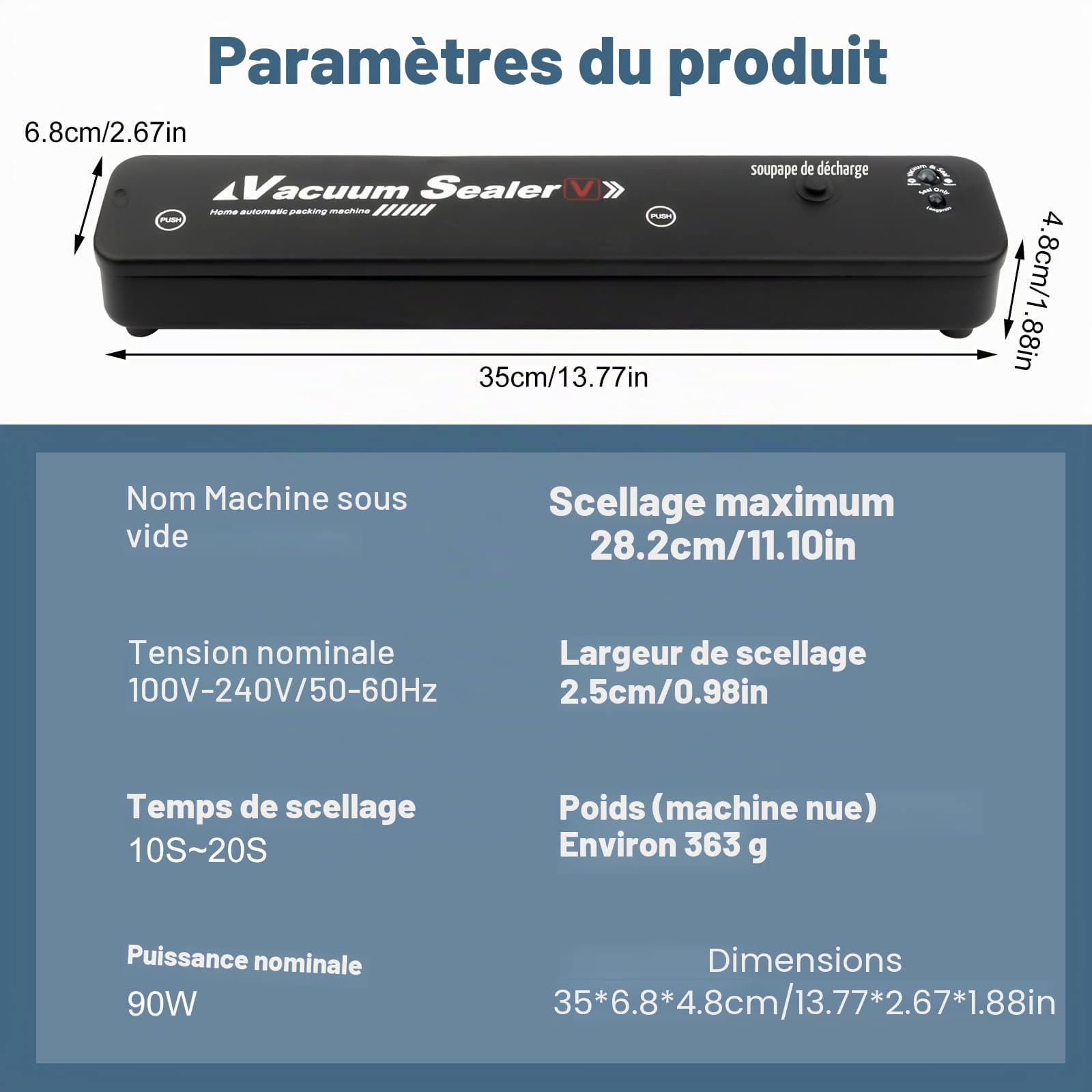 Scelleur alimentaire sous vide avec 10 PCS sacs de scellage Sacs de conservation réutilisables pour la cuisson sous vide, anti-fuite et résistant à l'humidité