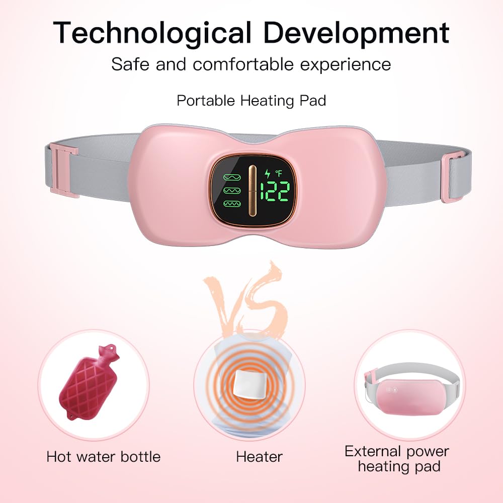 Cuscino riscaldante portatile per crampi, rosa, di medie dimensioni, materiale felpato, 3 velocità di riscaldamento e 3 modalità di massaggio, tecnologia di riscaldamento al grafene