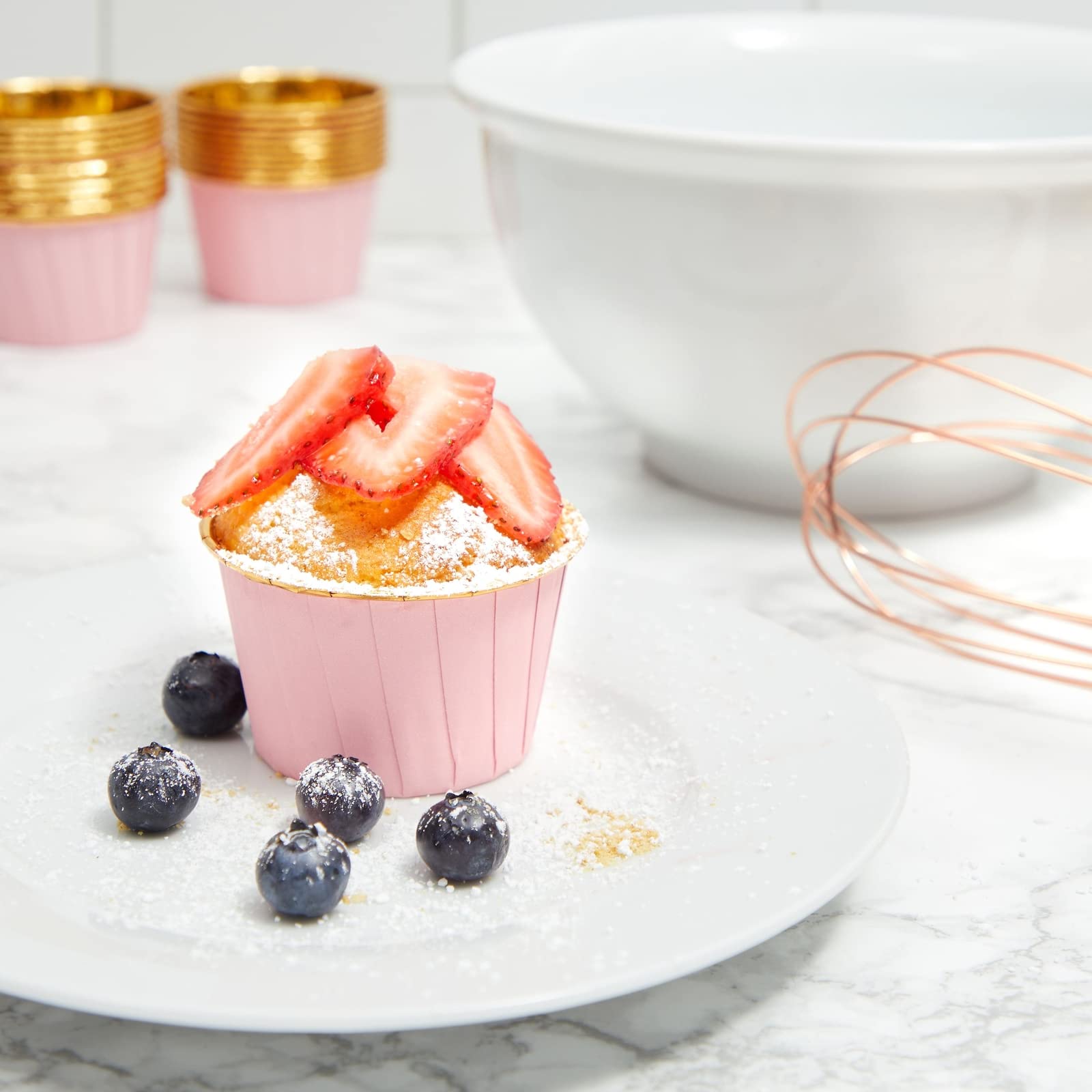 100 Pack Gold Aluminum Foil Cupcake Liners, 2.75x1.5-Inch Pink Colored Baking Cups for Muffins and Baked Desserts, Small Goodie Containers for Loose Nuts and Candies