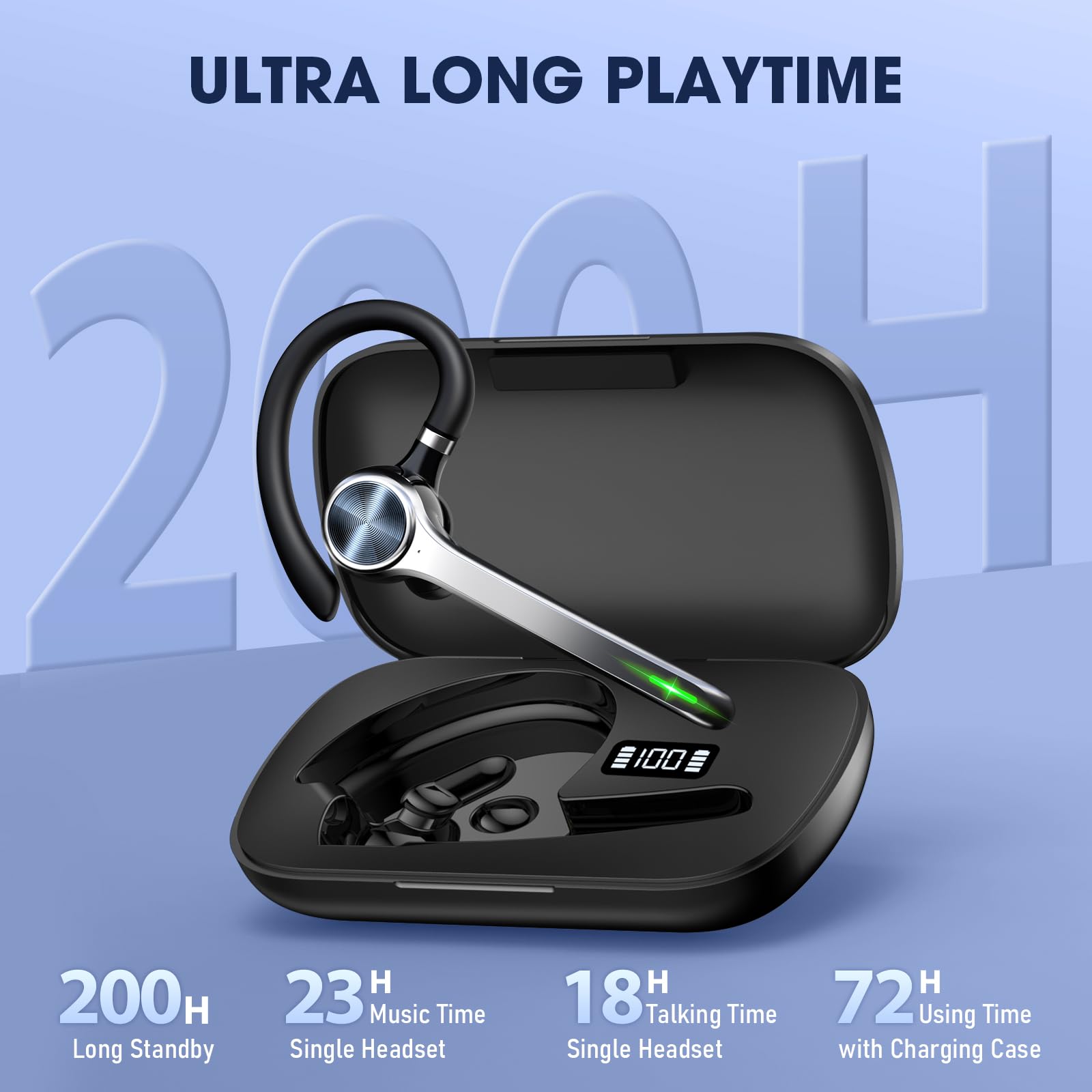 Ngsod Bluetooth Headset, Wireless Earpiece with Upgrade Noise Canceling Mic,500mAh Charging Case Support 72H Talking Time,Hand-Free Headphones with Mute Button for Computer Cell Phones Trucker Work — view 3