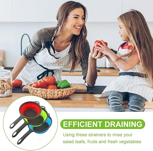 Miniatura 9 de Colador plegable para cocina, 3 tamaños, juego de cestas de colador plegable de silicona con asas, escurridor redondo para lavar frutas, alimentos y