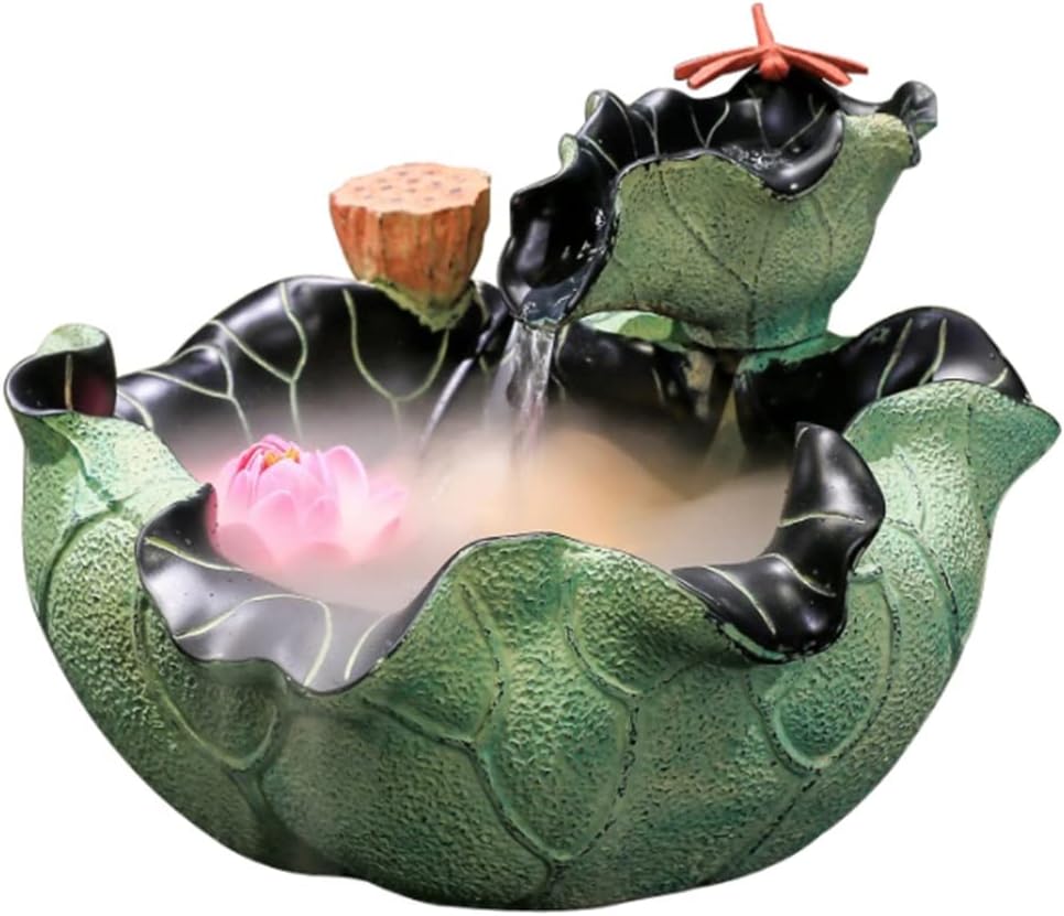 Tabletop Fountain Lucky Tabletop Fountain 3-Tier Resin Craft Desktop Fountain Lotus Leaf Tabletop Waterfall Waterscape Indoor,Outdoor Relieve Stress,S-with Atomizer