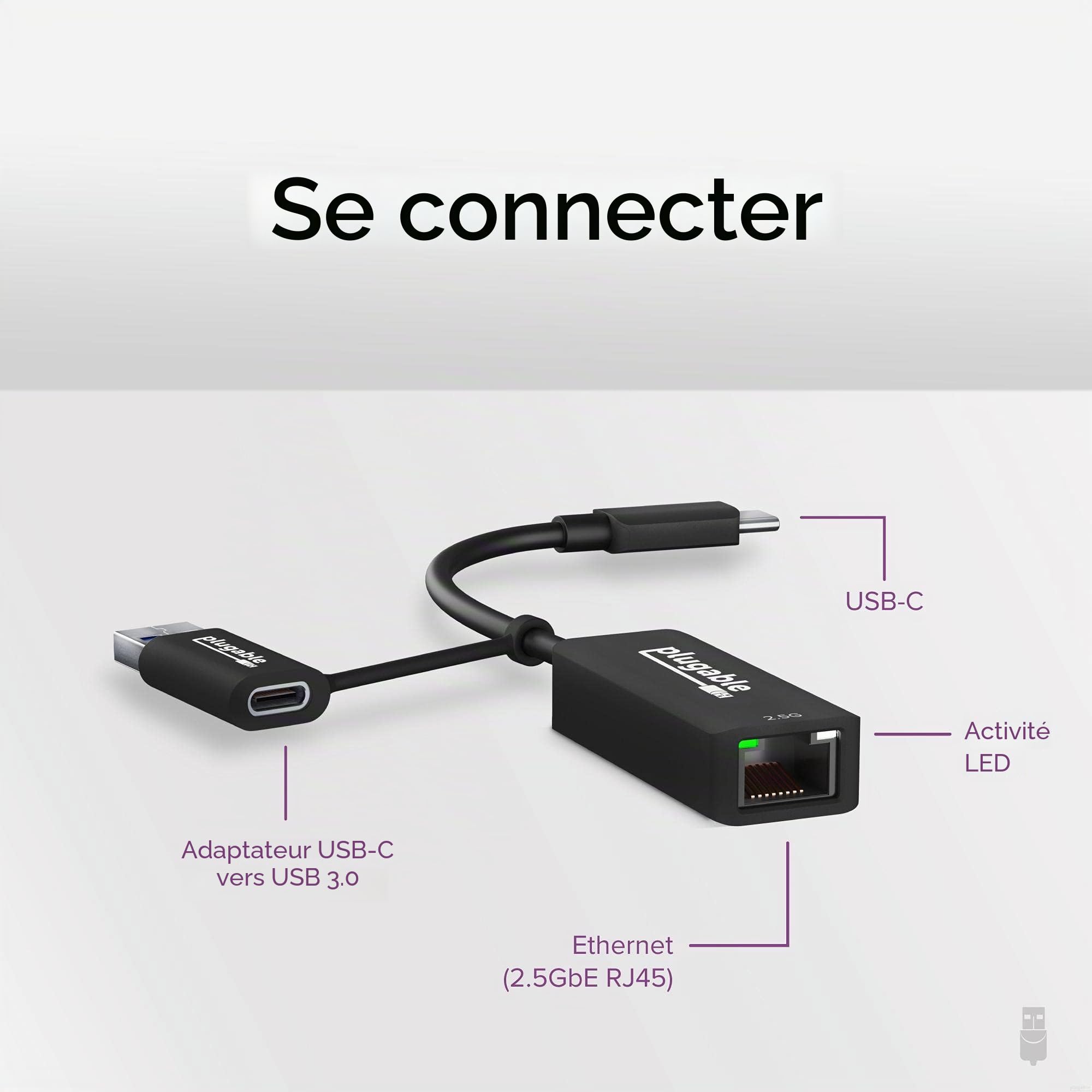 Plugable 2.5G USB C et USB vers Adaptateur Ethernet, Adaptateur 2 en 1, Compatible avec USB C/Thunderbolt 3 ou USB 3.0, USB-C vers RJ45 2.5 Gigabit LAN, Compatible avec Mac et Windows