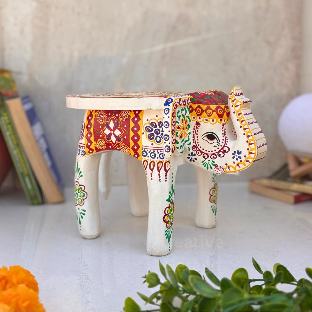 Wooden Elephant Stool for Home Décor – Handpainted Rajasthani Multipurpose Side Table, Plant Stand, Pooja Stand, Kids Low Stool, Decorative Furniture for Living Room & Office-image-34