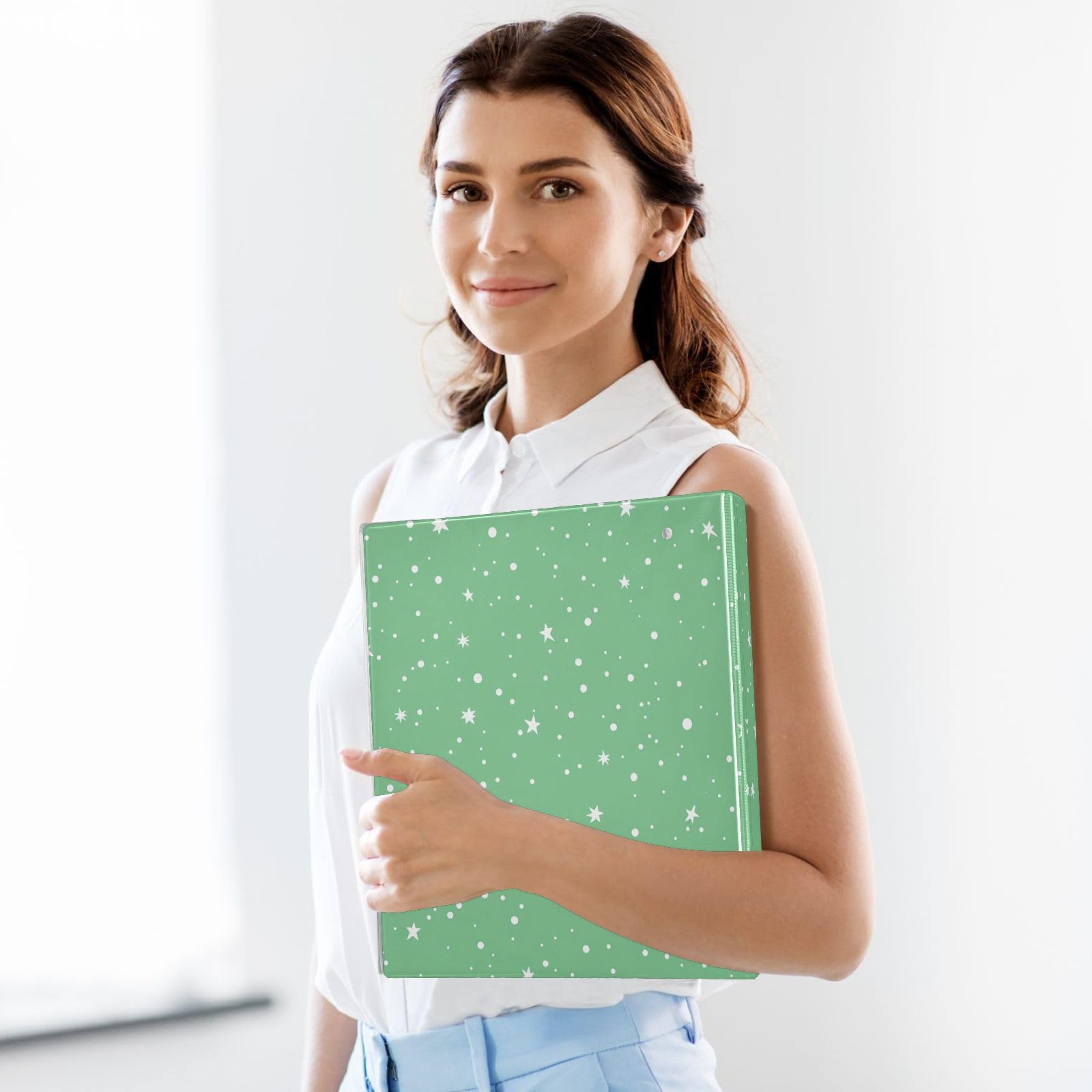 Carpetas de 3 anillos de 1.5 pulgadas con estrellas y puntos decorativos redondos con clip de metal, organizador A4 para oficina en casa, paquete de 2