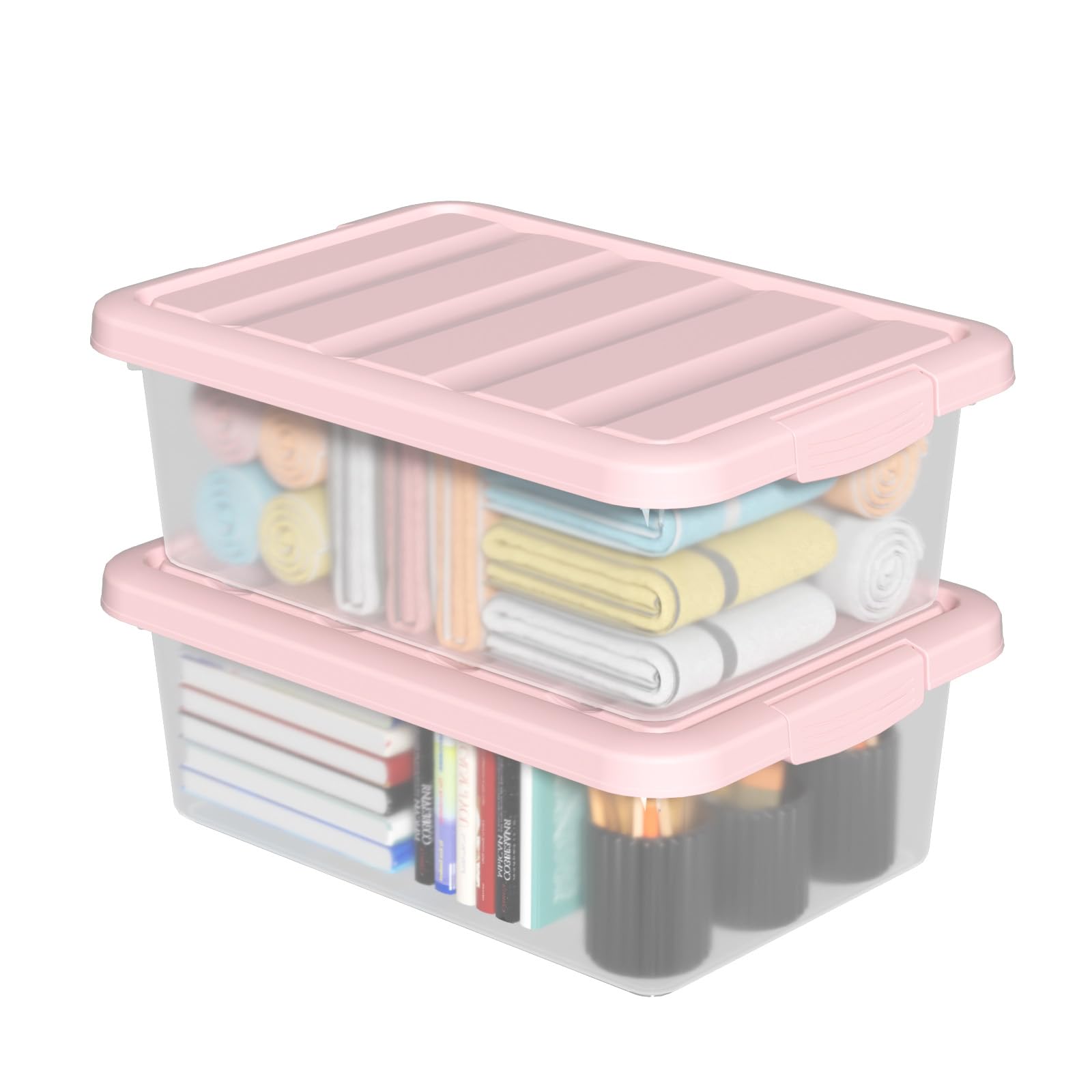 14 Quart Plastic Storage Boxes with Pink Lids, Plastic Latching Storage Bins, 2 Packs