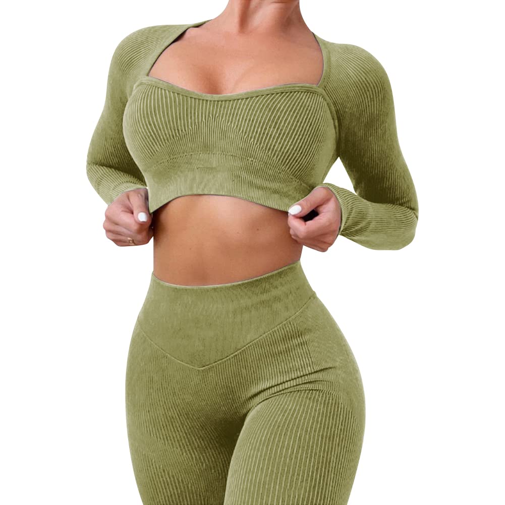 IMEKIS Tenue D'entraînement pour Femme 2 pièces Sportswear Gym Set Sports Crop Top avec Taille Haute Short de Course Leggings Sans Couture Côtelé Survêtement Yoga Costume Vêtements de Sport