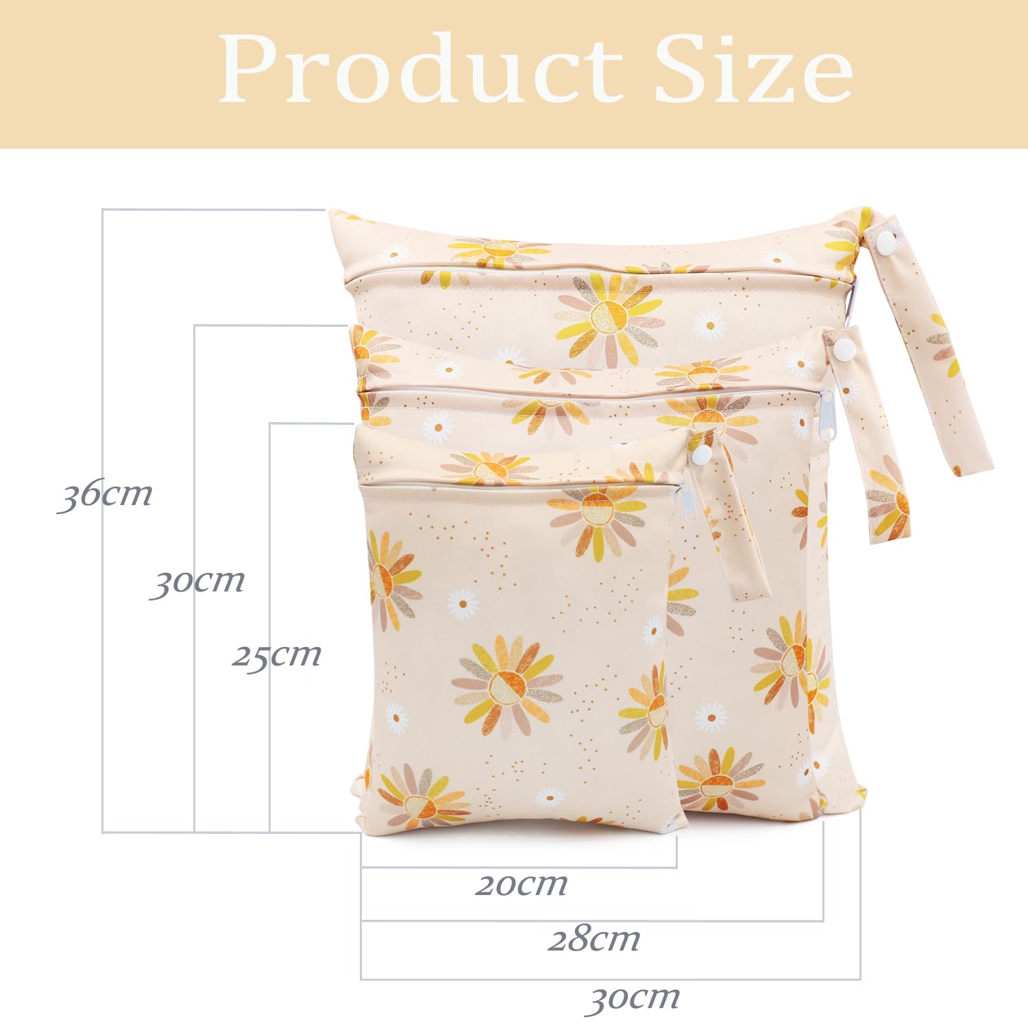 Sac Couches Lavables, Sac à Couche, 3 Pcs Réutilisable Wetbag, Sachet Etanche Organisateur de Couche Accrochable, Sac Fourre Tout pour Bébé, Sac à Langer de Voyage Plage Piscine (Fleur Jaune)