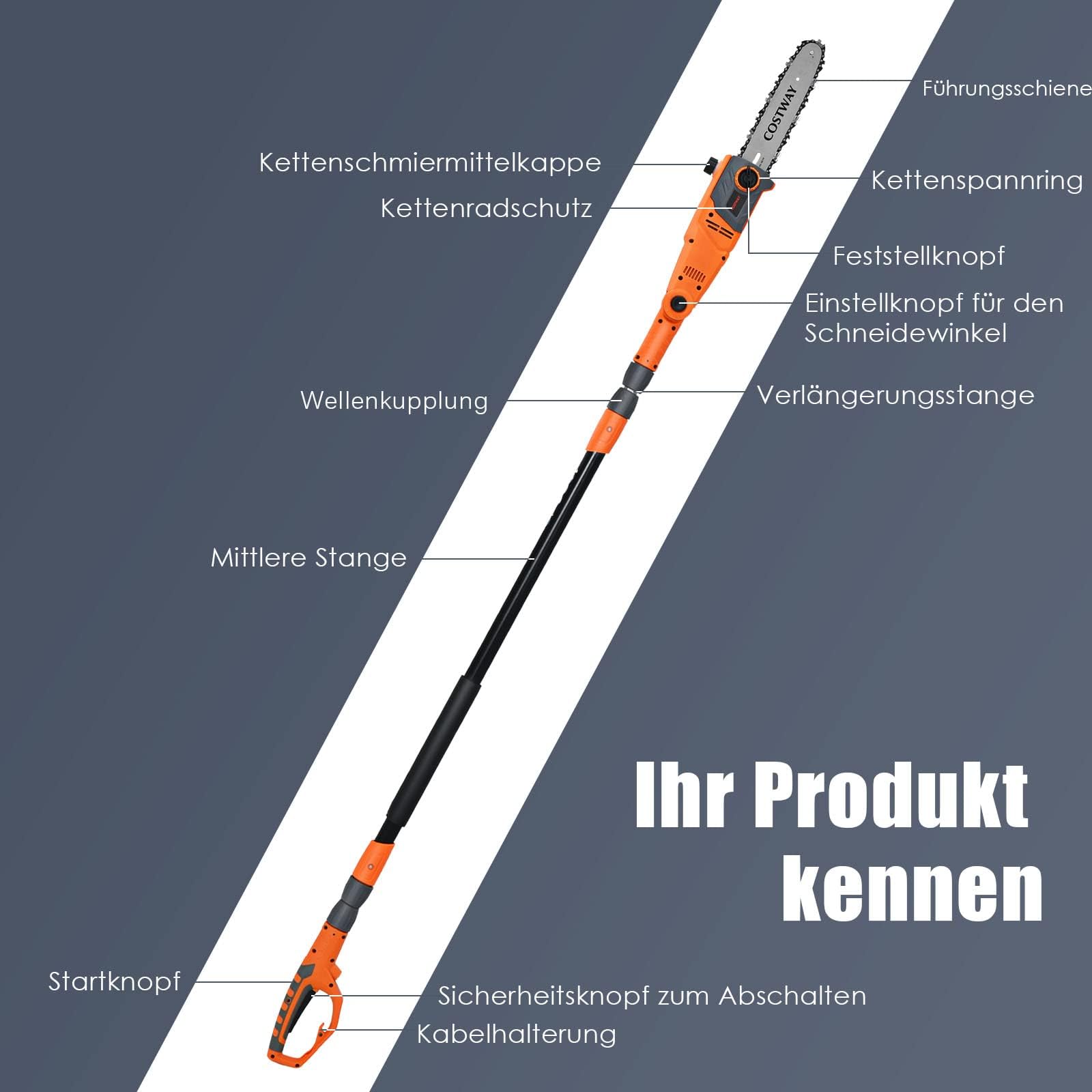 COSTWAY Hochentaster, 212-286 cm, 11 m/s, 750W, Mehrwinkel, Kettensäge Elektrostangensäge, Teleskop Astsäge mit verstellbaren Sägekopf, Aluminium, Motorsäge Profi, für Hof Garten, Orange