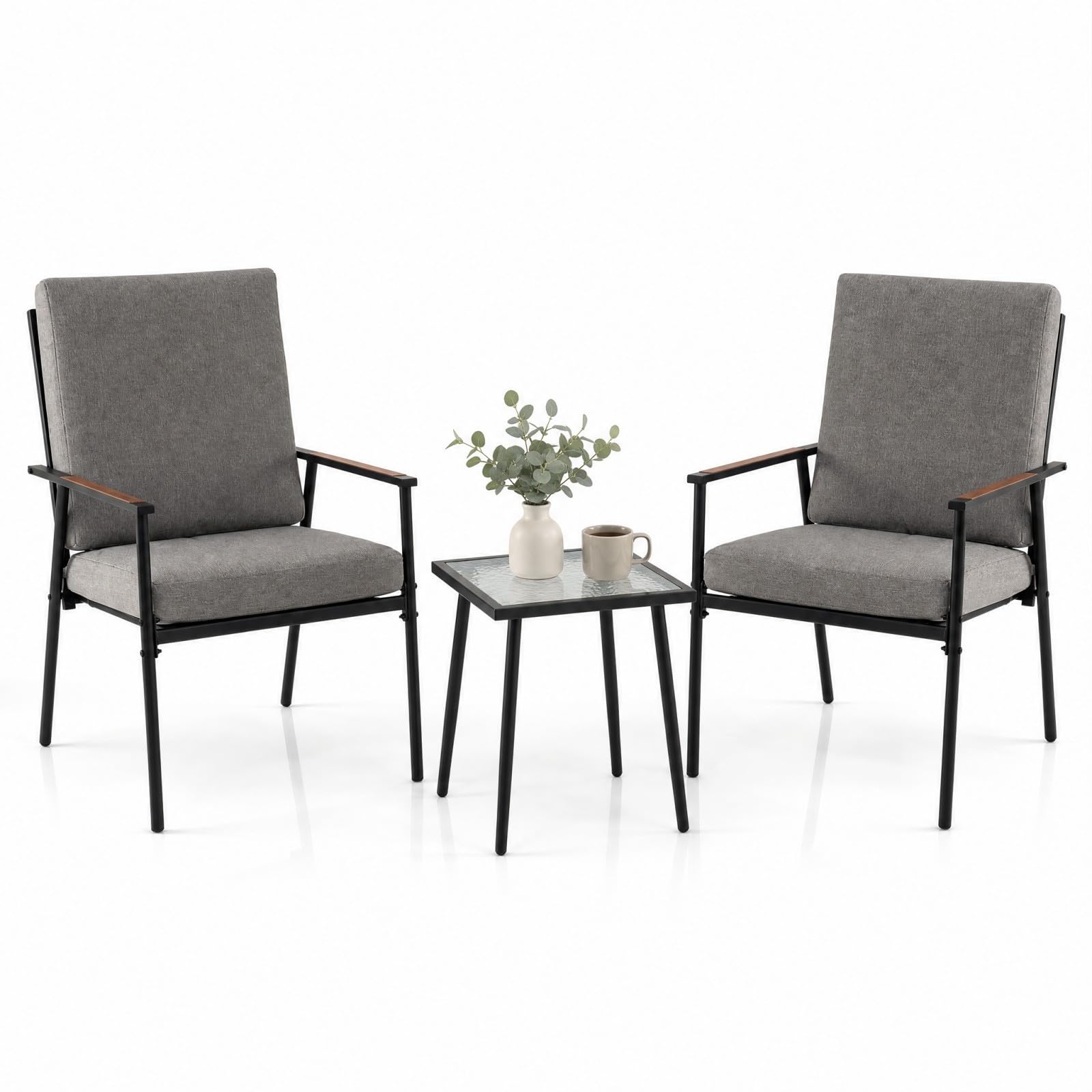 GOPLUS Juego de Muebles de Jardín Exterior de 3 Piezas con 4 Cojines | Conjunto de Conversación de Patio con 2 Sillas, Mesa Auxiliar de Vidrio Templado, Juego de Mesa y Sillas para Terraza Piscina
