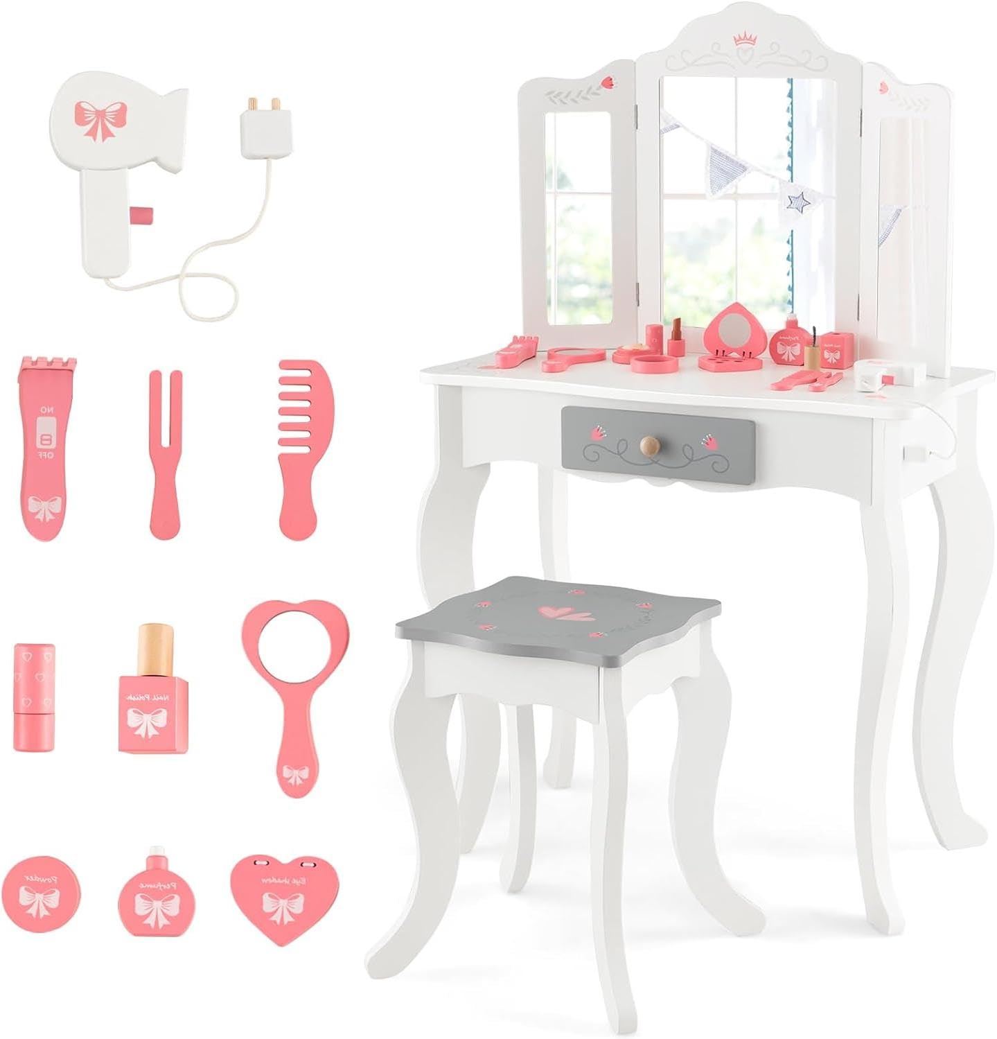 GOPLUS Tocador Niña 2 en 1 con 10 Accesorios Maquillajes, Juego de Tocador Infantil Princesa de Madera con Taburete y 3 Espejo Extraíble, para Niños de 3+ Años, 60 x 33 x 98,5 cm, Blanco