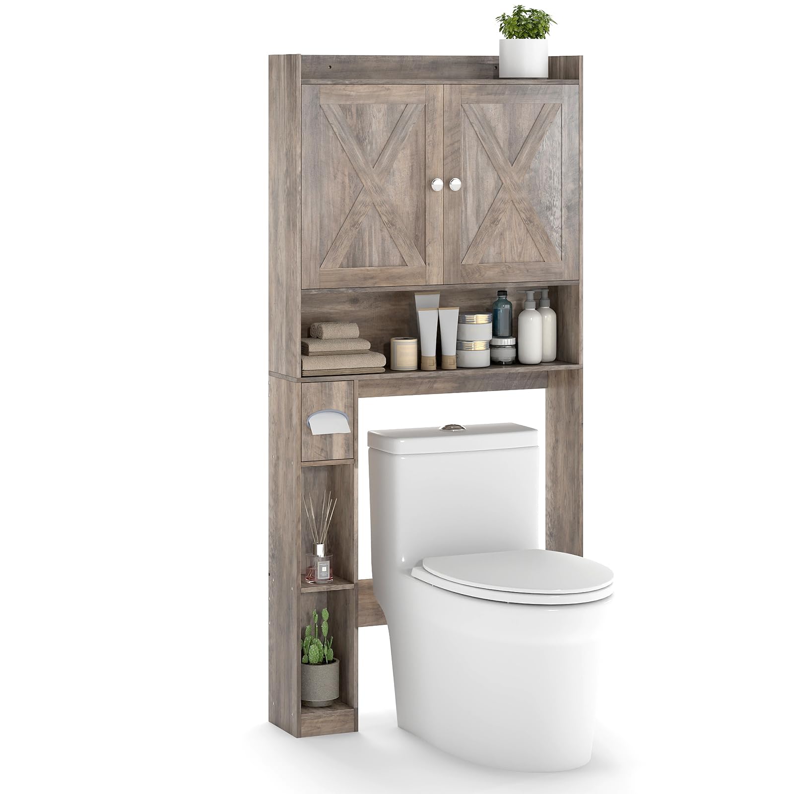 COSTWAY Meuble Toilette Étagère WC, Double Porte, Étagère Réglable, Porte-Papier Toilette, Meuble WC Rangement Gain de Place, 81,5 x 19,5 x 172,5, pour Salle de Bain, Buanderie (Gris Vieilli)