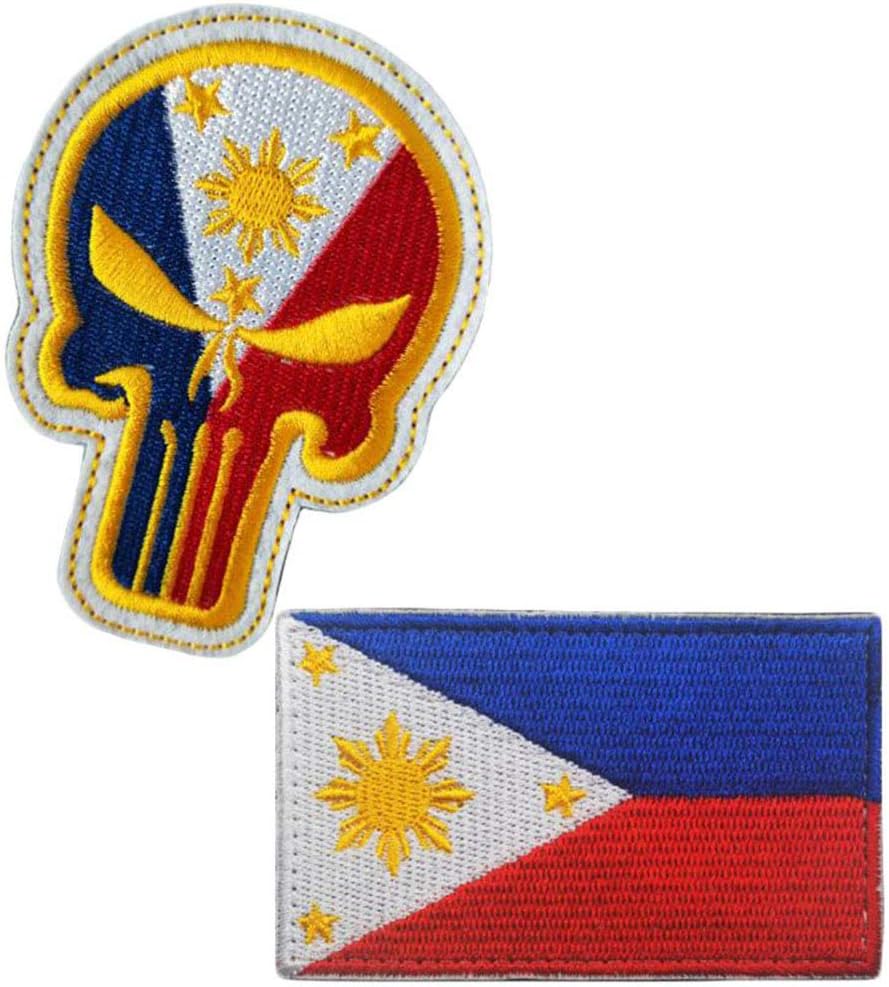 GAMESPFF 2pcs Philippines Philippine National Flag and Punisher Skull Military Embroidered Hook & Loop Badges Patch (Color 1)